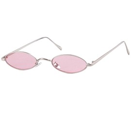 Laurinny 90s Retro Small Oval Sunglasses Men Women Vintage Hippie Glasses Metal Frame Slim Sunglasses, Silver/Pink
