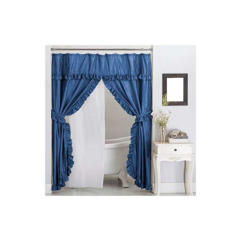 Castle Selection Double Swag Ruffled Fabric Shower Curtain Set, Intersected