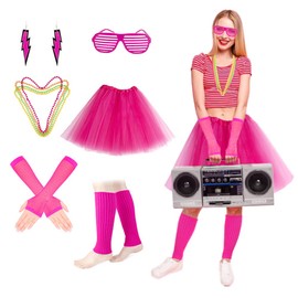 Lukovee Disfraz de los 1980 para Mujers, 12 Conjunto de Accesorios para Disfraces para Adultos Mujer de los Años 80 90 para Fiesta Temáticas con Tutus, Guantes, Collar, Gafas, Calentadores de Piernas