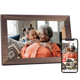Digital Picture Frame, Frameo WiFi 10.1 Inch 1280 * 800IPS Touch Screen Digital Photo Frame, 32GB Memory, Auto-Rotate, Share Videos Pictures, Birthday Gift for Friend, Family, Wood Color Plastic Frame