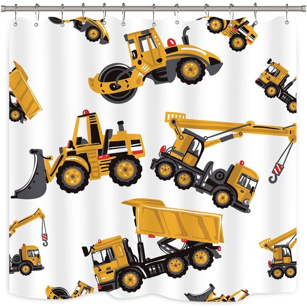 Riyidecor Construction Truck Shower Curtain Boys Excavator Cartoon Yellow Kids Machinery Bathroom Home Decor Set Waterproof Polyester 72Wx72H Inch 12 Pack Plastic Hooks WW-CSVI