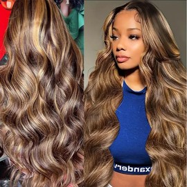 Real Hair Wig, 13 x 4 Body Wave Lace Frontal Wig, Human Hair (18 Inches), Women's Brazilian Curly Human Hair Wig, 150% Density, Glueless Wig, Highlight Blonde #4/27 Colour