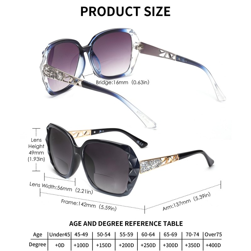 JM 2 Pack Bifocal Sunglasses for Women, Oversized Fashion Square