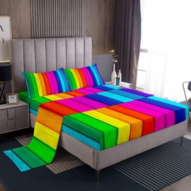 Feelyou Raibow Stripes Bed Sheets Set Colorful Stripes Sheet Set for Kids Boys Girls Multicolor Wooden Texture Sheets with Deep Pocket Fitted Sheet Geometric Bedding Set 3Pcs Twin Size