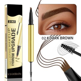 Eyebrow Pen 2-in-1 Dual-Ended with Eyebrow Gel and Brow Brush, 4 Fork Tip for Natural Hair-Like Brows, Waterproof Long Lasting Defined Eyebrows (02# Dark Brown)
