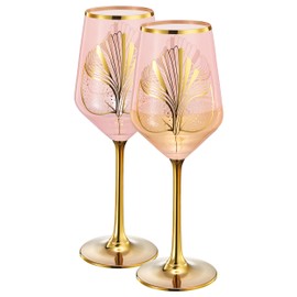 Gatsby Roaring Twenties Wine Glasses - Blush Pink Colored Crystal Glass - Set of 2 - Gold Large Stemmed 12 oz Glasses, Unique all Occasions & Special Celebrations Italian Color Style Tall Drinkware