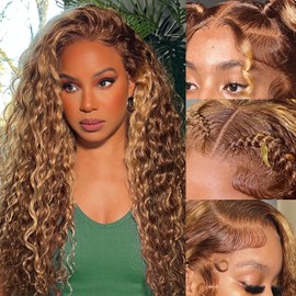Highlight Curly Wig Human Hair 16 Inch 13x4 Deep Wave HD Lace Front Wigs Human Hair 5/27 Colored Deep Curly Lace Frontal Wigs C Part Wig for Woman Pre Plucked with Natural Hairline 220% Density