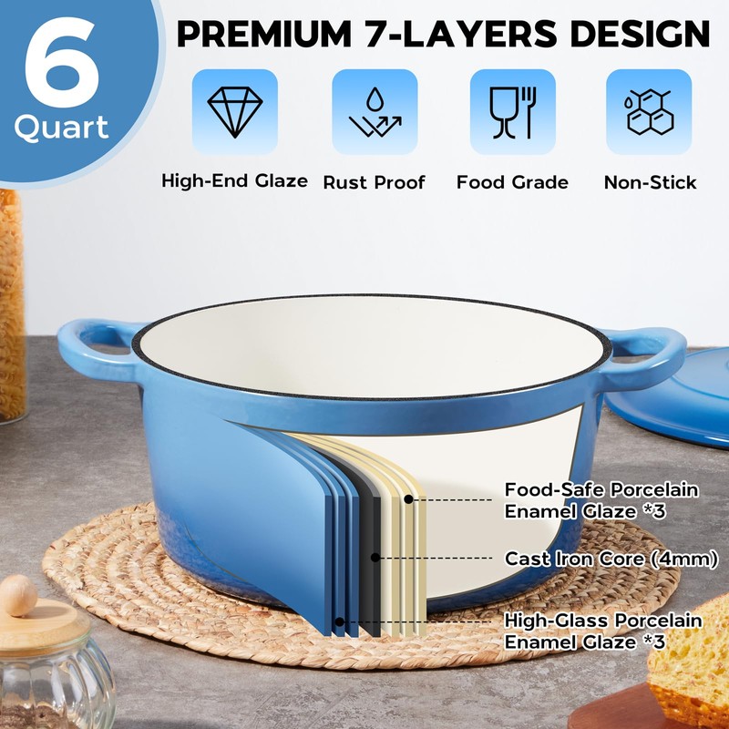 Onader 6QT Enameled Cast Iron Dutch Oven Pot with Lid,