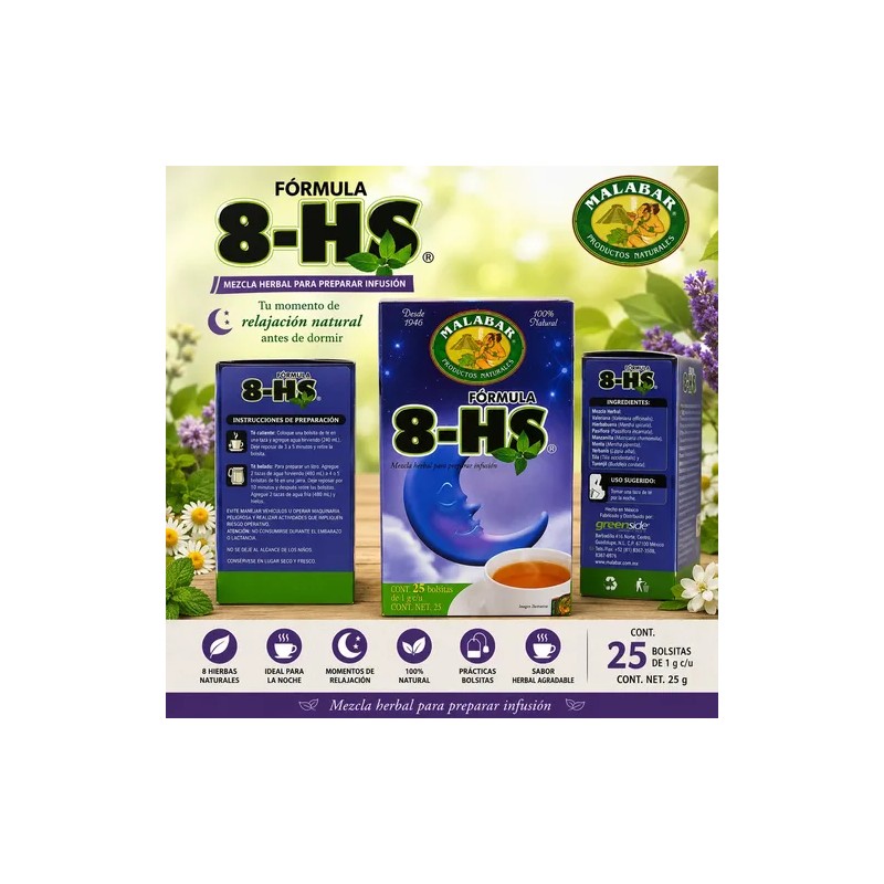 Té Malabar Fórmula 8-hs Mezcla Herbal Natural 25 Sobres