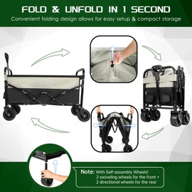 Kamopot Collapsible Wagon Cart, Foldable Beach Wagon, Folding Wagon for Sand, Grocery/Beach/Garden Cart. 220lb Heavy Duty with Cupholders & Big DIY Wheels (Black & Gray)