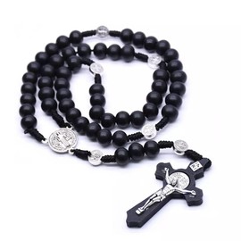 KOMI Handmade Wooden Catholic Rosaries, Wood Christian Prayer Beads Rosary, Black Rosary Beads Catholic for Men Women