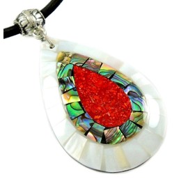 Paua Abalone Shell Necklace with Red Coral and Mother of Pearl Pendant on 16 to 27 inch Adjustable Cord Jewelry CA423