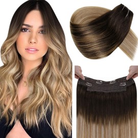 LaaVoo Fish Line Real Hair Extensions Dark Brown Balayage Wire Extensions Real Hair Ombre Brown Fish Line Extensions Real Hair with Wire Ombre #2/6/18 40 cm 80 g