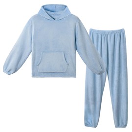 LACOFIA Women Hooded Fleece Pyjamas Sets Adult Pjs Long Sleeve Warm Loungewear Ladies Nightwear Winter Couples Pajamas with Pocket Light Blue XS