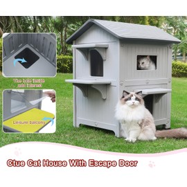 Rockever Plastic Outdoor Cat House with Soft Mat, Insulated Outdoor Cat Houses for Winter, Waterproof 2 Story Outside Cat Shelter, Clean and Assemble Easily