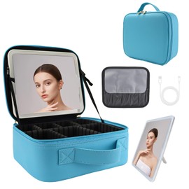 SUILU Travel Makeup Bag with LED Lighted Mirror,Cosmetics Organizer, Makeup Bag with 3 Color Lighted Setting, Portable Storage and Adjustable Dividers Travel Makeup Bag(blue)