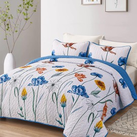 WONGS BEDDING Blue Quilt Set King Size,Cute Floral Botanical Bedspread Bedding Set with 2 Pillowcase,Lightweight Farmhouse Coverlet Set for All Season (104"x90")