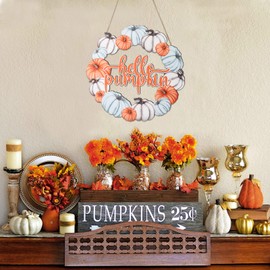 Pumpkin Door Hanger, Fall Hanging Sign Pumpkin Wreath, Hello Pumpkin Door Sign, Wooden Fall Front Door Decorations, Pumpkins Hanging Decor for Harvest Farmhouse Yard Wall Size 11.8 Inches (Pumpkin)
