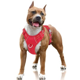 BARKBAY No Pull Dog Harness Large Reflective Dog Harness with Front Clip and Easy Control Handle for Walking Training Running with ID tag Pocket(Red,L)