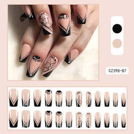 Press on Nails Square Medium Length Glossy Full Cover Acrylic Square Shape False Nails with Designs Artificial Short Coffin Fake Nails with Charms Glue Stick on Fingernails for Women Girls(CZ398)