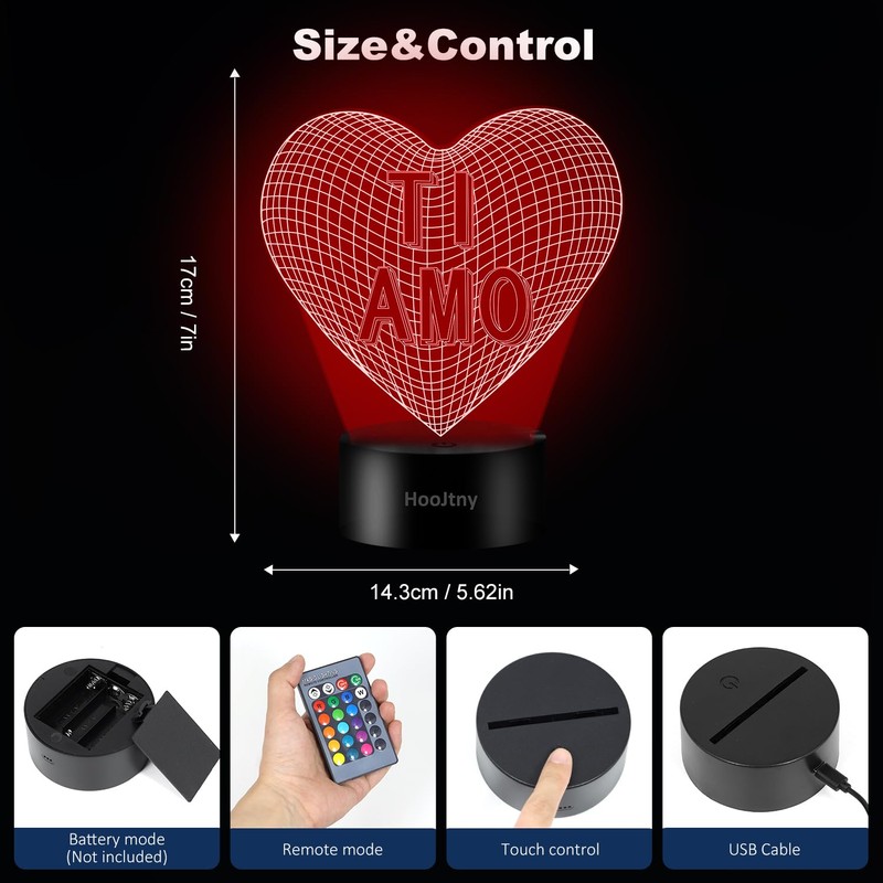 HooJtny I Love You Heart Bedside Lamp 3D Illusion Night