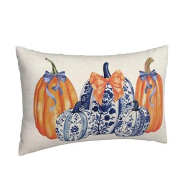 Fall Pillow Covers 12 x 20 Inch Set of 2, Chinoiserie Blue and Orange Pumpkin Decorative Throw Pillow Covers Outdoor Farmhouse Autumn Thanksgiving Pillowcase Linen for Home Couch Sofa