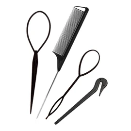 Xinfox Topsy Tail Hair Tools, 4pcs Hair Styling Tools for Girls, 2pcs French Braiding Tool Hair Loop Styling Tool 1pc Elastic Hair Bands Cutter, 1pc Rat Tail Comb for Children Girls(Black)