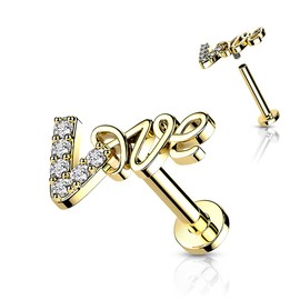 PiercedOff Gold Tone 316L Surgical Steel Labret with Clear CZ Paved Love - Length 6mm Width 1.2mm