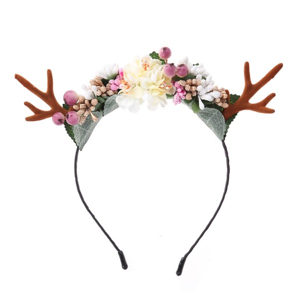 Frcolor Christmas Deer Antlers Headband Girls Women Cute Hair Hoop with Flowers Headpiece Headware for Carnival Party