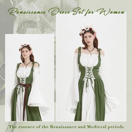 VillbeCoser Renaissance Dresses Medieval Costume for Women Flower Crown Elf Ear Choker Necklace Leather Belt Fairy
