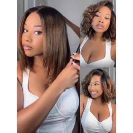 Julia Hair 10 Inch Light Yaki Bob Wigs Human Hair Glueless Bye Bye Knots 7x5 HD Pre Cut Lace Wig Chestnut Brown Ombre Human Hair Lace Closure Pre Plucked Bleached Invisible Knots Natural Hairline