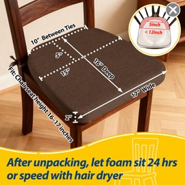 AAAAAcessories D-Shaped Chair Cushions, 2" Thick Dining Chair Pads with Ties and Removable, Machine-Washable Cover, 17" x 16", Set of 2, Brown