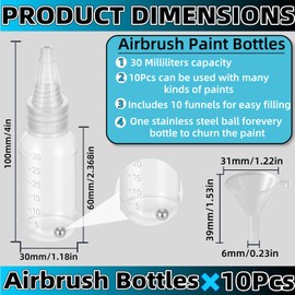 Zijipjy 30ml Airbrush Paint Bottles Jars Plastic Containers 10pcs of Acrylic Storage Mixing With Ball Jar Bottle Mixer Resealable for Storing Various Paints and Other Liquids （with funnel）