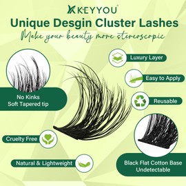 Lash Clusters 3D Effect Eyelash Clusters KEYYOU 144pcs D Curl Wispy Lashes Fluffy Cluster Lashes 8-18MIX Natural Soft DIY Lash Extension at Home(Enthrall-D-MIX)
