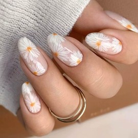 Hkanlre Almond Fake Nails Tips Medium Press on Nails Flower Full Cover False Summer Nails for Women 24PCS