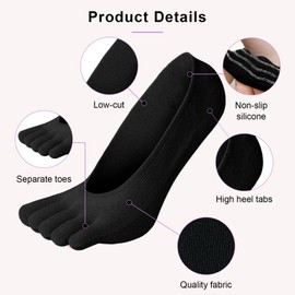ZAKASA No Show Running Five Fingers Invisible Liner Boat Cotton Ankle Toe Socks for Women Ladies, 6 Colors-6 Pairs, 6-9
