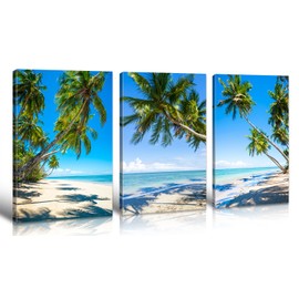 DJSYLIFE Beach Wall Art Canvas Print Tropical Palm Tree Wall Decor Coastal Seascape Painting Modern Ocean Decor for Living Room Bathroom Office Decorarion 16" X 24" X 3 Pieces