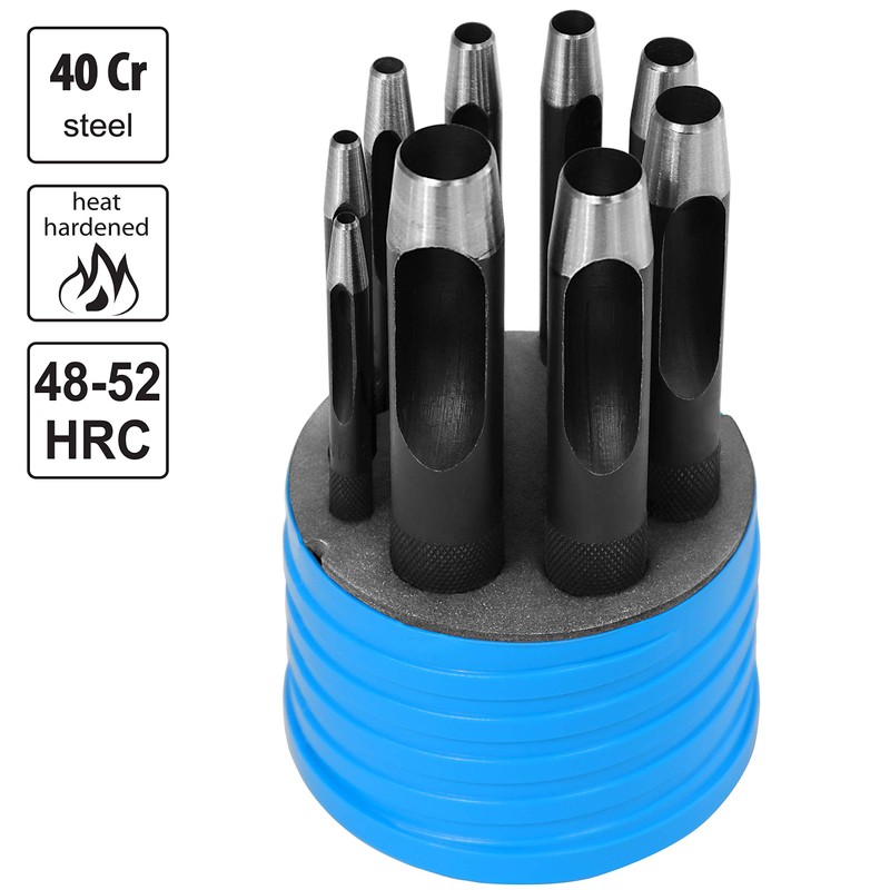 S&R Round Steel Hollow Punch Set, 9 Pieces, 3-14 mm