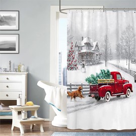 Jbralid Winter Christmas Shower Curtain White Snow Vintage Red Truck Holiday Trees and Pet Dog Welcome Home Bathroom Shower Curtain with Hooks Waterproof Home Decor Curtain 72x72 Inch