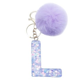 Xsclpomddy Girls Alphabet Letter Key Ring Cute Keyring Glitter with Pom Pom Tassels Resin Keychain Purple for Bag Charm, l