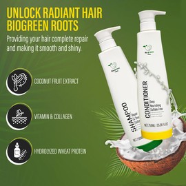Biogreen Roots Shampoo & Conditioner - Sulfate-Free Hair Care with Hydrolyzed Wheat Protein, Coconut Fruit Extract, Vitamin E & Collagen - Deep Nourishing Duo for All Hair Types -(2 bottles x 750 ml)