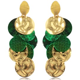 SLSF Bohemian Long Gold Round Disc Leather Fringe Dangle Drop Earrings Handmade Leopard Flower Tassel Stud Earrings for Women (Green)