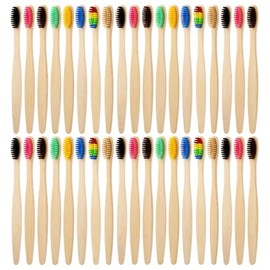 Paquete de 35 cepillos de dientes de bambú, cerdas de cepillo de dientes de alta calidad para una mejor limpieza, 100% libre de BPA, sin plástico, vegano, respetuoso con el medio ambiente, reciclable, biodegradable (Surtido)