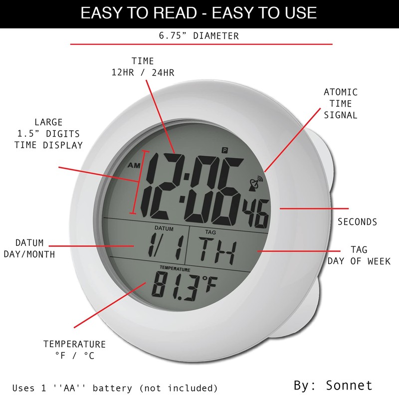 Sonnet Shower Clock for Bathroom and Kitchen - Large Digital