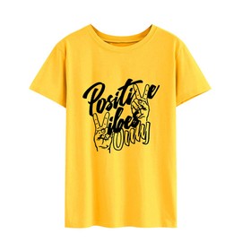 Nlife Women Positive Vibes Letter Victory Sign Short Sleeve Casual Tee Shirts A-Yellow