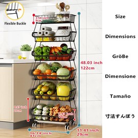 CarolynDesign Kitchen Storage Baskets Black Iron Wire Storage Bins with Wheels and Feet, Stackable Vegetable Storage Baskets (6-Tier Baskets)