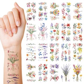 Qpout 106pcs Flower Temporary Tattoos for Women Girls,Watercolor Wildflower Floral Fake Tattoo Stickers for Face Body Art Kids Birthday Party Favors Makeup Supplies（20 Sheets）