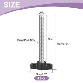 QUARKZMAN Pack of 4 T-wing Screws with Handles Thumb Screws, M6 x 60 mm Male Screw Knob 304 Stainless Steel Thumb Screw Handle 27 mm Diameter, Black