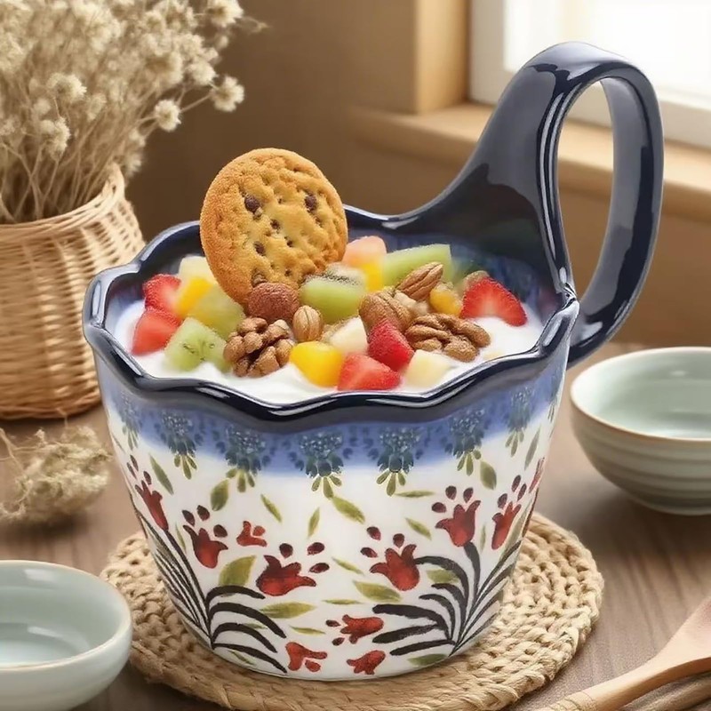 OZY Handpainted Soup Bowl with Handle,Ceramic Cereal Bowl Great for