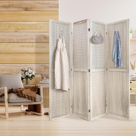 4 Panels Room Divider, Room Dividers and Folding Privacy Screens, 5.6 Ft Wood Portable Peg Board Display Stand for Home, Office, Bedroom, Natural Wood